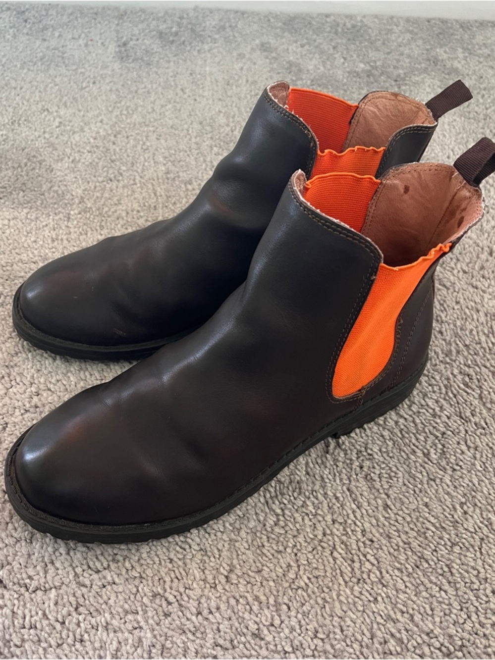 Women’s Leather Chelsea Boot with Orange Gore Panels, 7.5
